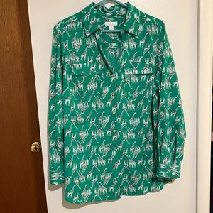 Charter Club green blouse with giraffe print, gold buttons